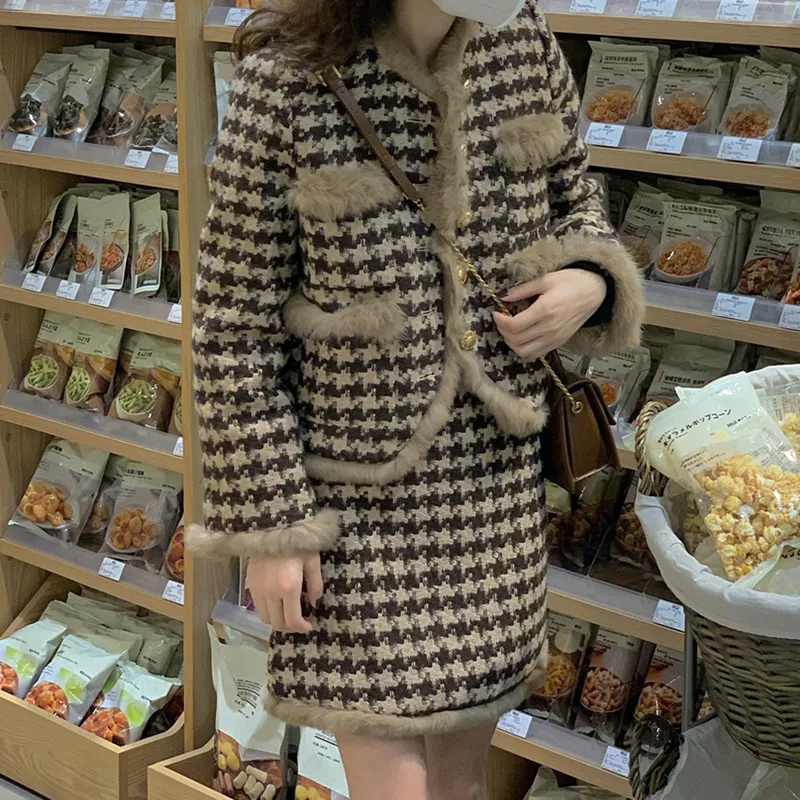 

2021 Autumn Winter Women's Set 2 Pieces Matching Short Skirt Woolen Plaid Checkered Vintage Elegant Suit