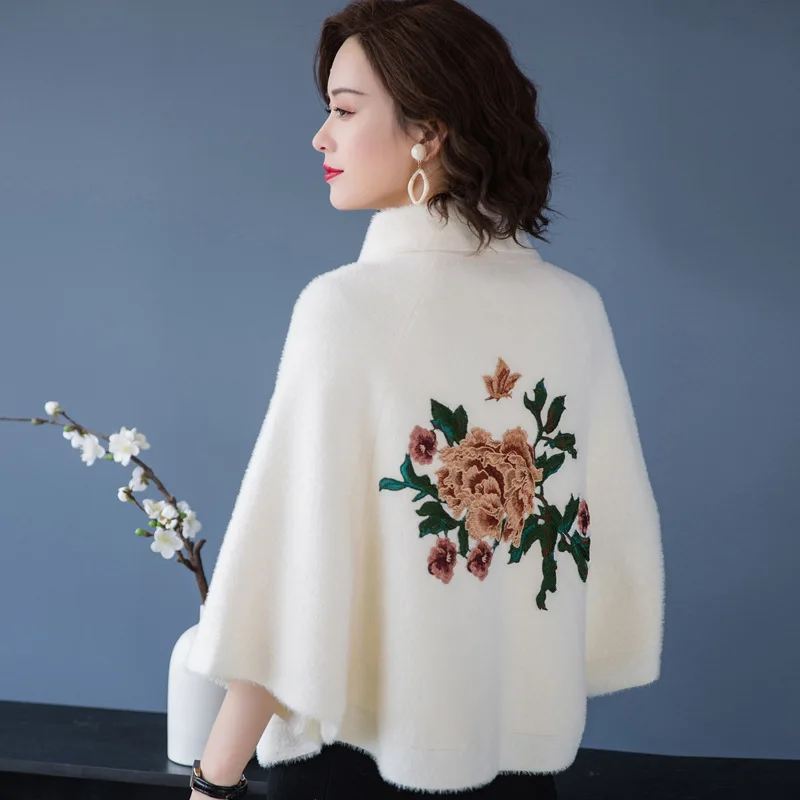 Женский трикотажный свитер-пончо однотонная короткая накидка в китайском стиле