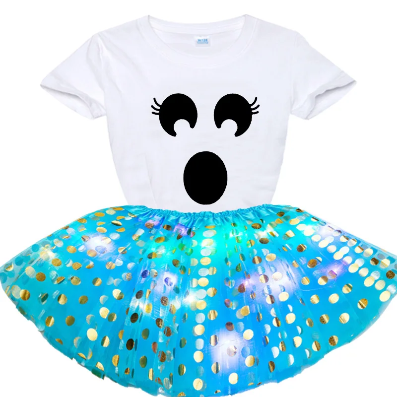 Girl Sequin Skirt Birthday Party Outfits Princess Girls Smiley Cartoon Print Short T-shirt + Dress 2pcs Party Custom Dress Sets