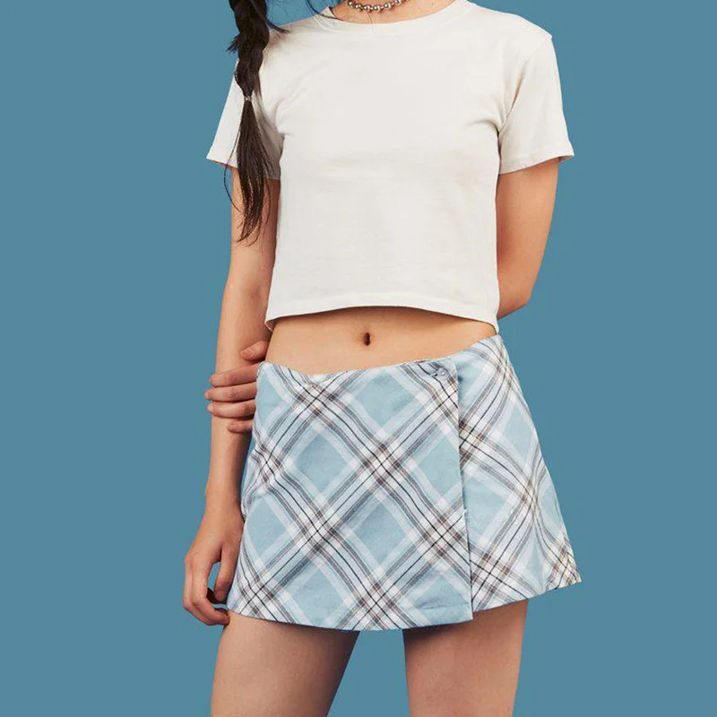 

Women's Skirts Korean Harajuku Cute Blue Lattice Pleated Skirts Punk Kawaii Ulzzang Plaid Fresh High Waist Female Short Skirt