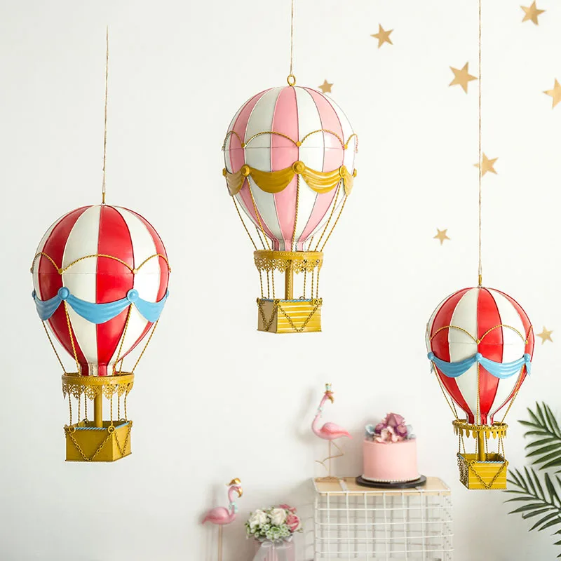 

Creative Kindergarten Wall Hanging Wrought Iron Pink Hot Air Balloon Wall Decoration Nursery Fairy Garden Home Decor Modern