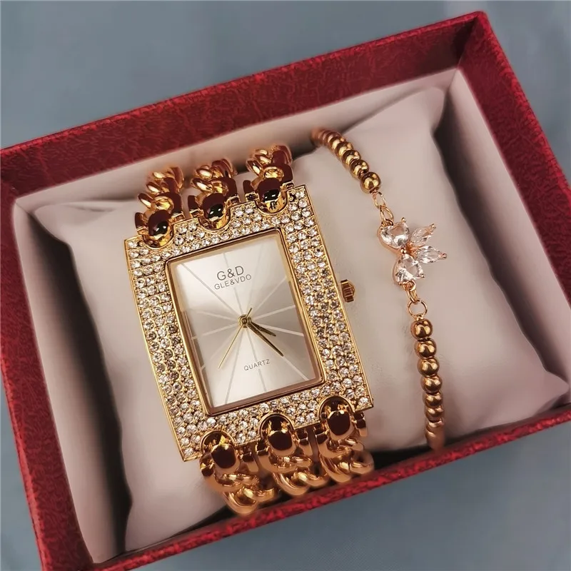 G-D Top Brand Hot Sale Three-Chain Women Quartz Watch Diamond Girl Bracelet Set Set Diamond Women's Watch Gift Box Dropshipping