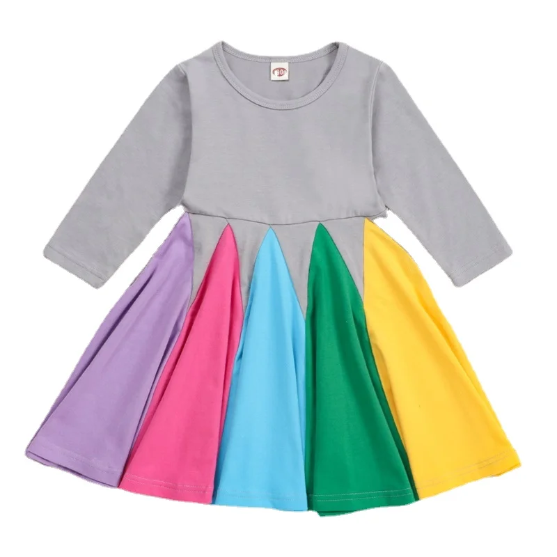 

2021 Spring Autumn Dress Long Sleeve Rainbow Princess Dresses for Girls Kids 1-6 Years Old