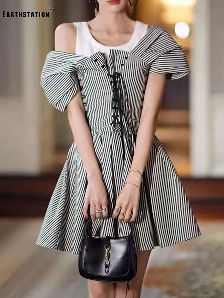 

Retro stripes contrast color suspenders fake two-piece suit drawstring high waist dress ladies summer new fashion fluffy skirt