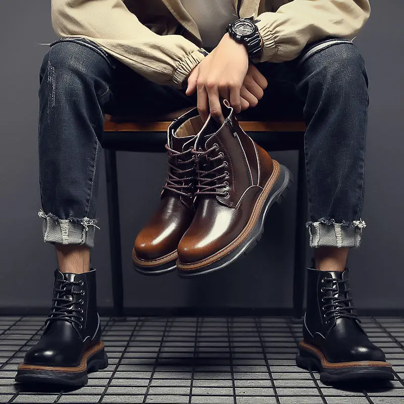 

Мужские кожаные ботинки со шнуровкой, осень/зима 2021, мужские кожаные ботинки с высоким берцем, Теплые повседневные мужские ботинки из волов...