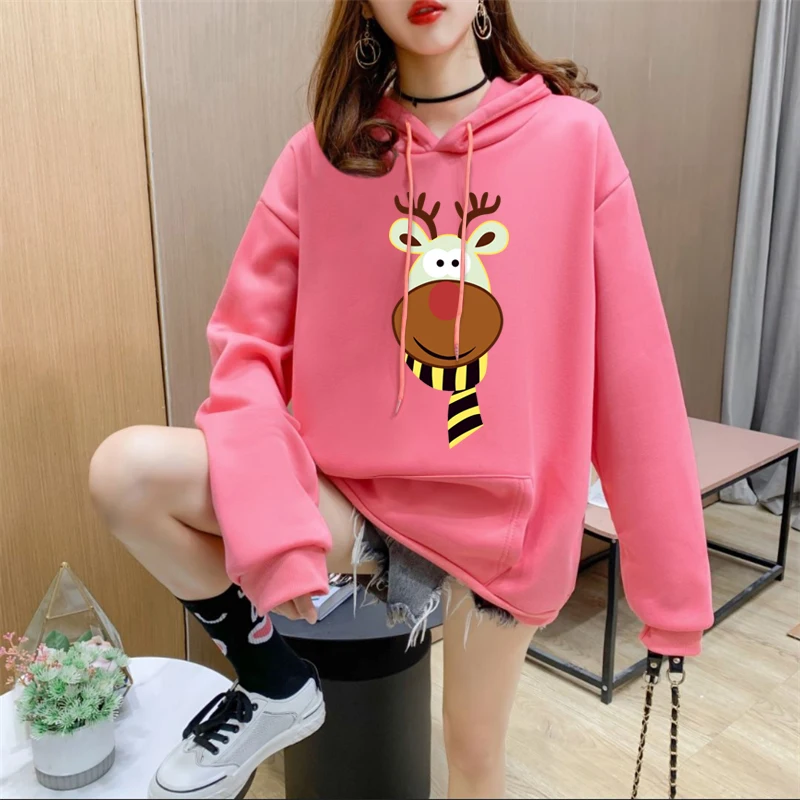 

Свитшот женский с длинным рукавом, милый флисовый худи с принтом оленя, рождественский подарок, Осень-зима 2020