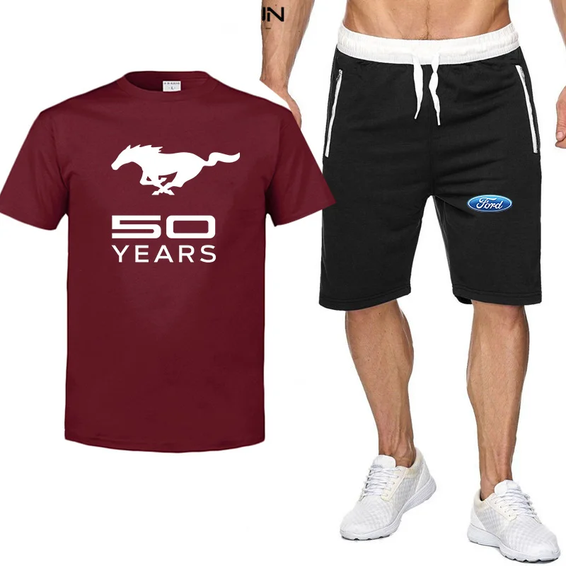 

2021 Summer Men's Brand Mustang Logo T-Shirt Set 2-Piece Sportswear Sports Fitness Printed Short Sleeve + Shorts Suit