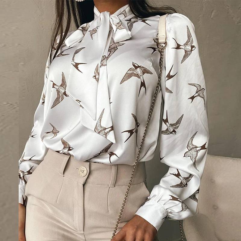 

Chic Retro Long Sleeve Stain Blouse Slim Fit Printed Shirt Bow Design Shirt New
