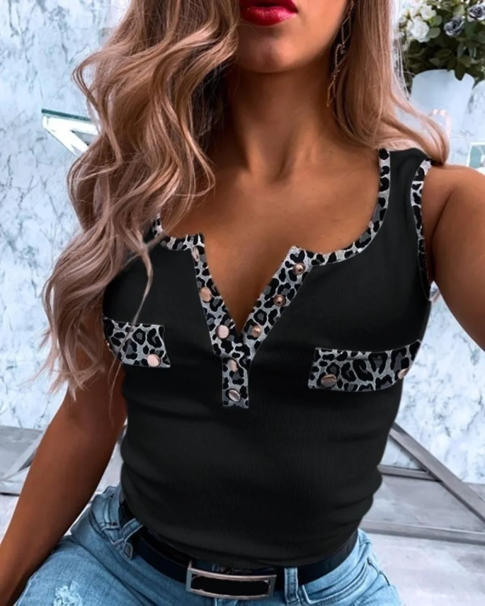 

Womens Summer Sexy V Neck Sleeveless T Shirt Loose Button Casual Vest Clothes Leopard Printing Button Slim Fit Casual Tank Tops
