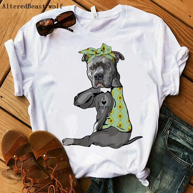 

Summer Pit Bull T-shirt Women 2021 Harajuku I Love Mom print Avocado Bandana Mom T shirt Funny Short Sleeve tshirt femme Clothes