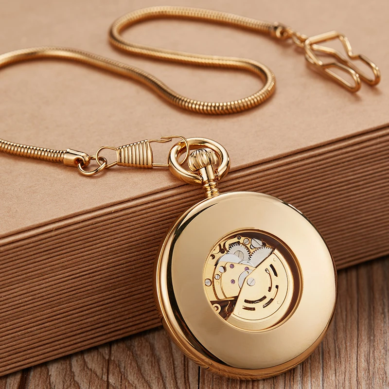 Luxury Golden Mechanical Pocket Watch Skeleton Roman Numerals Dial High Quality Gold Case Fob Chain Clock for Men Dropshipping