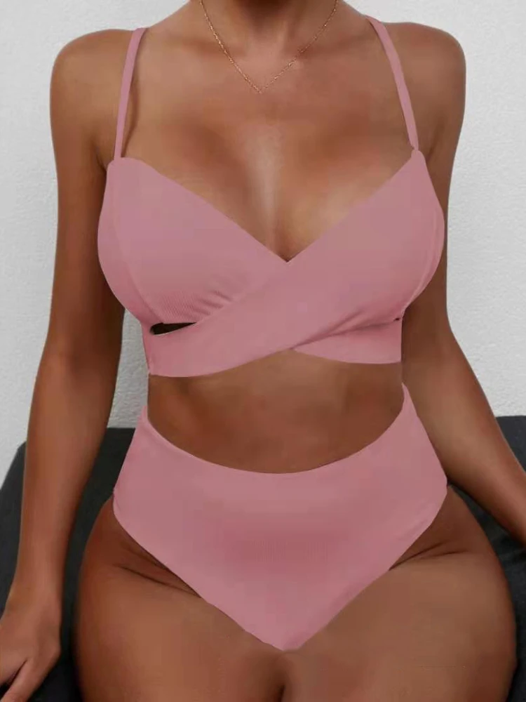 

2021 new swimsuit small pit strip fabric cross high waist swimsuit solid color split bikini European and American swimwear
