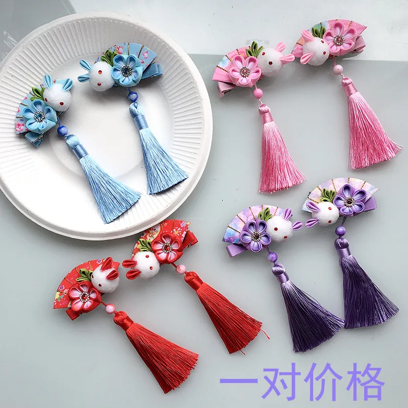 

The new Japanese style bunny hairpin, ancient fan, fringed hair accessories, children's flowers, ancient costume, Hanfu headdres