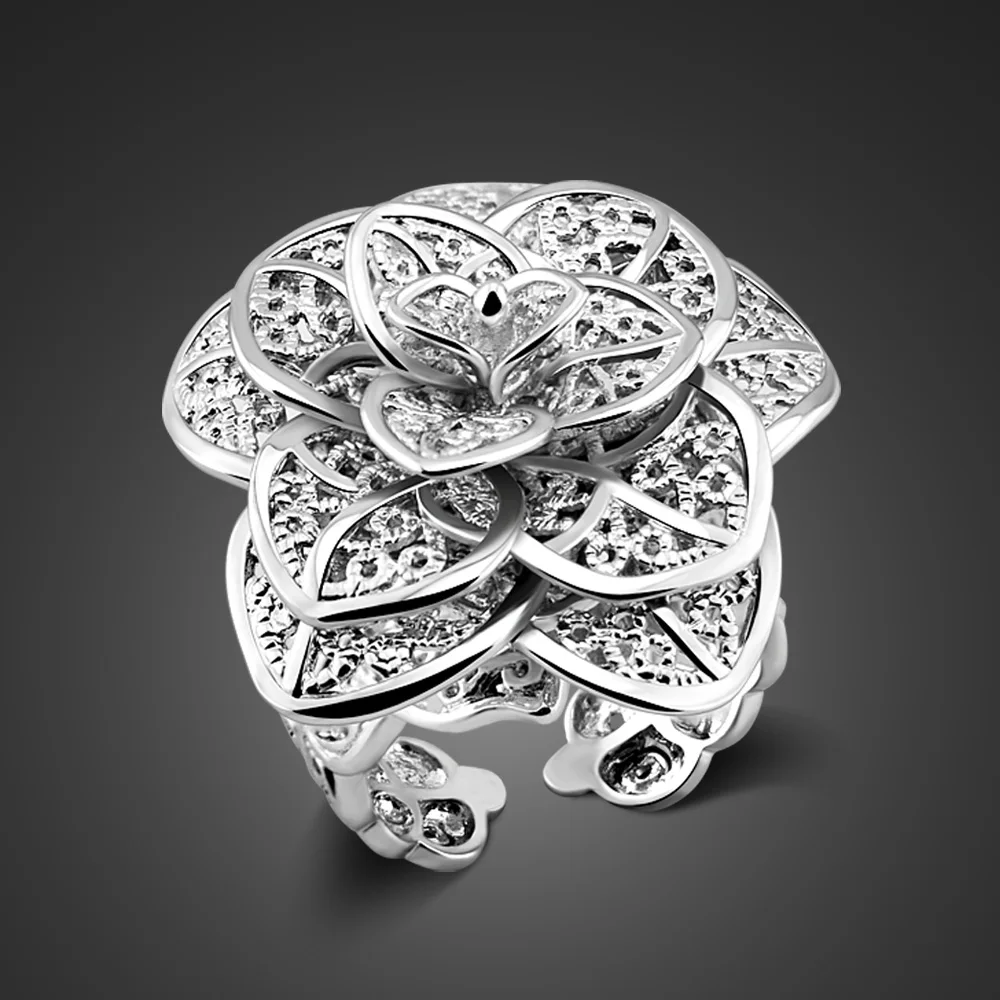 

New National Style Peony Flower 100% 925 Sterling Silver For Women Fashion Female Hhyperbole index finger Ring Jewelry