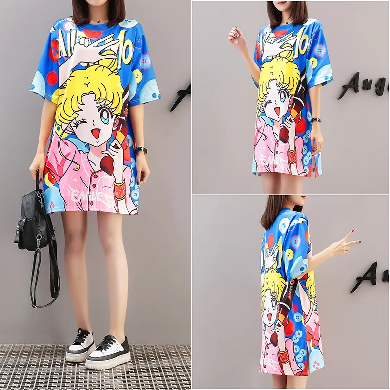 Летнее платье с мультяшным принтом Сейлор Мун уличные стильные свободные