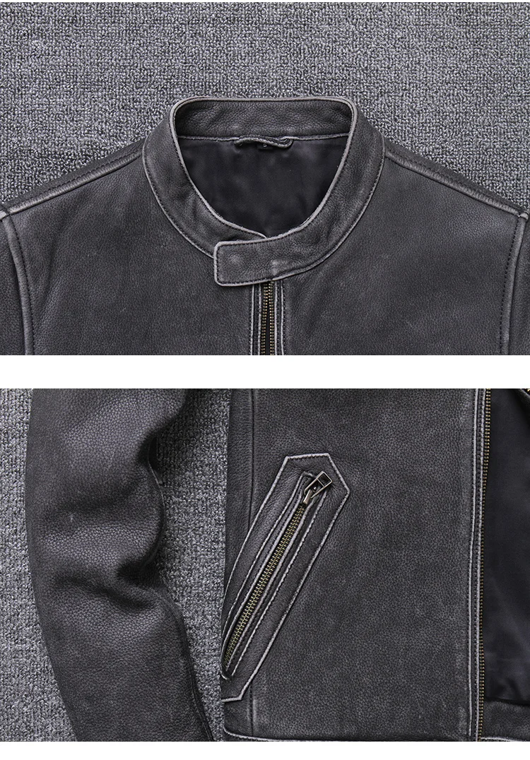 Мужская короткая куртка из натуральной воловьей кожи Серый жакет в винтажном