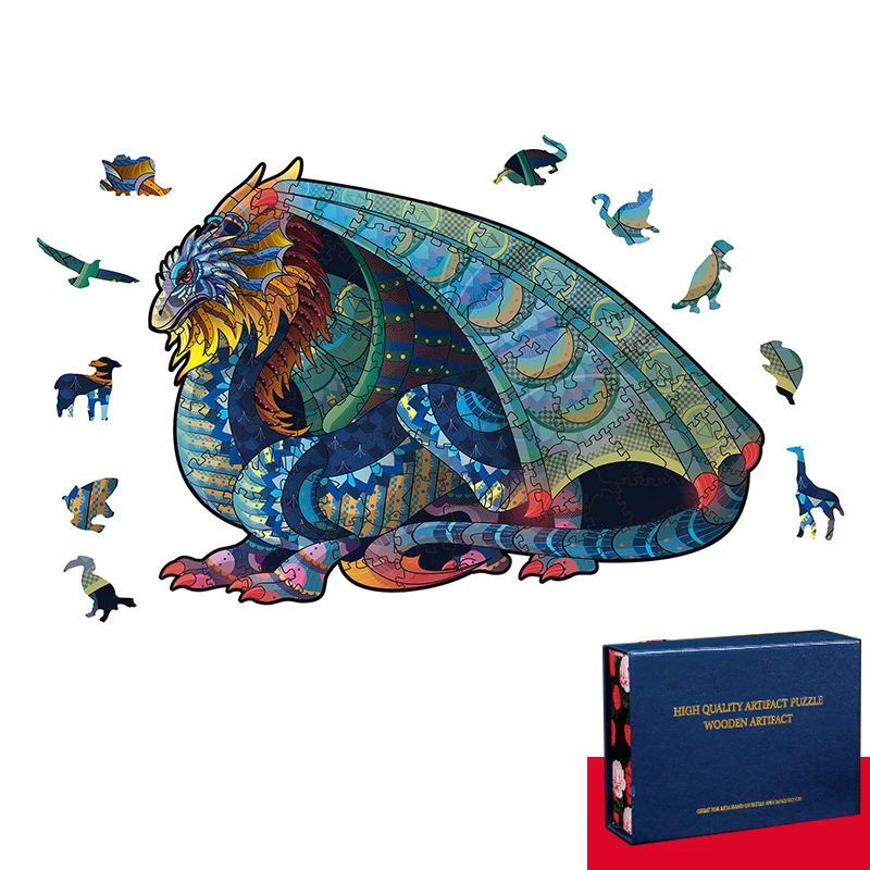 

New Colorful Gift Box Puzzle Kids Thick Wooden Toy Rainbow West Dragon Alien Beast 100 200 300 Pieces Halloween Christmas Jigsaw