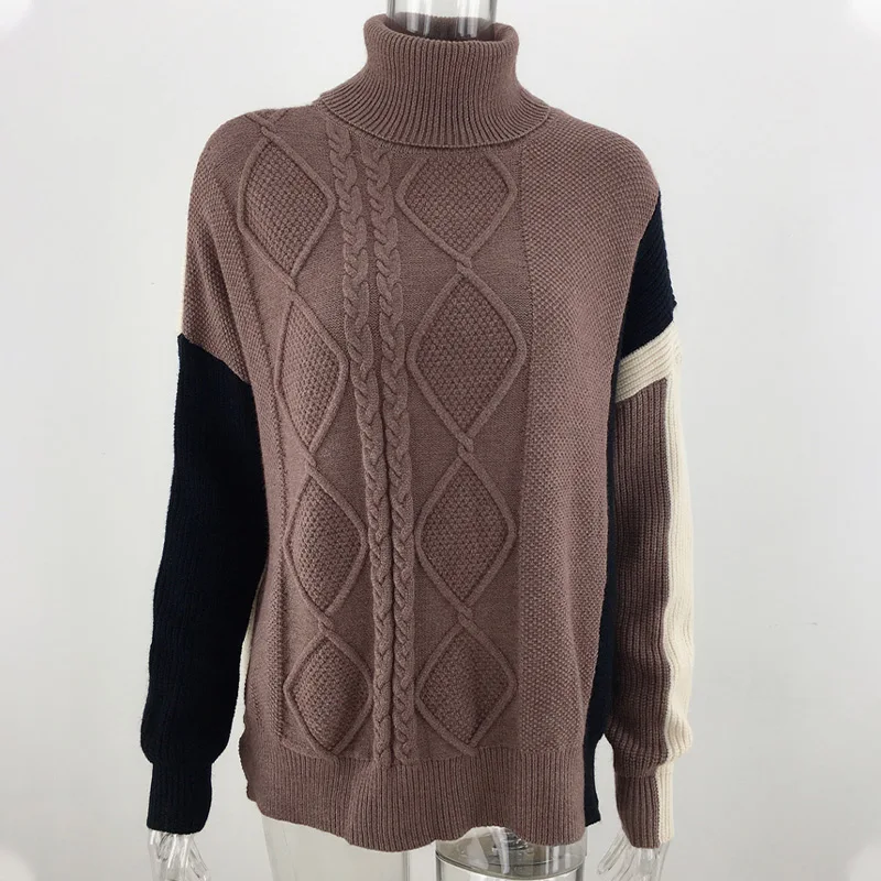 Женский Асимметричный вязаный свитер в стиле пэчворк водолазка с длинным