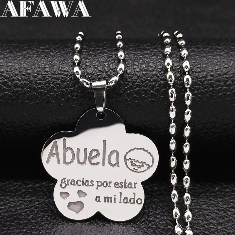 

Stainless Steel Flower Te Quiero Abuela Letter Charm Necklaces Women Silver Color Necklaces Jewelry collier ras le cou N717S01