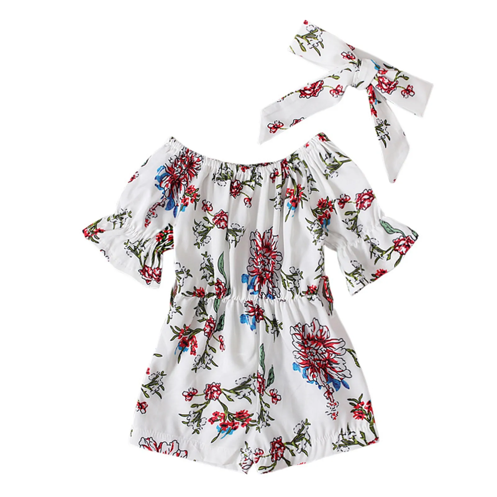 

Baby Toddler Kids Girls Romper Flare Sleeve Flower Printed Clothes Summer Off Shoulder Jumpsuit+headband Set Outfit 0-4 Years