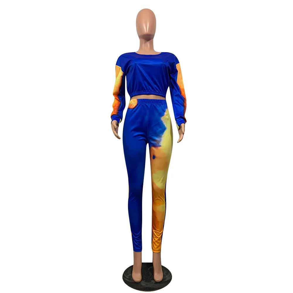 

Tie Dye Long Sleeve Crop Tops Leggings Bandage 2 Pieces Sets 2021 Autumn Winter Women T Shirts Pants Skinny Trousers Streetwear