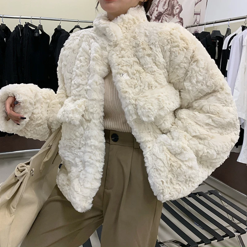 

Thick Faux Rabbit Fur Coats and Jackets Women Winter Single Breasted Coat Woman Stand Collar Korean Style Tops Femme