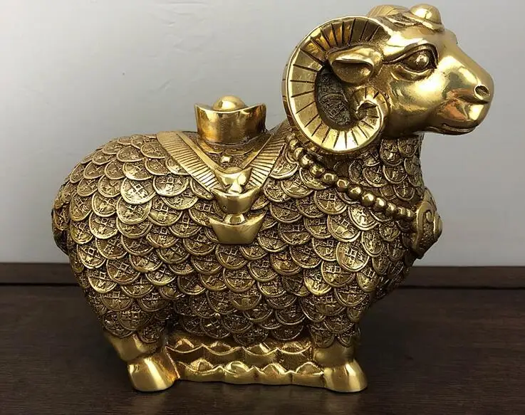 Metal crafts Home Decoration 1 Pair Of Chinese brass Carved Coin sheep Sculpture Feng Shui Goats Statue |
