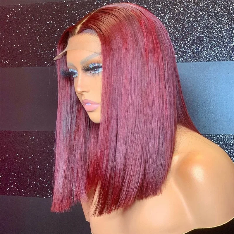 

99J Burgundy Short BoB Wig Straight Colored Human Hair Wigs For Women Dark Red Lace Part Wig Pre Plucked Burgundy Lace Front Wig