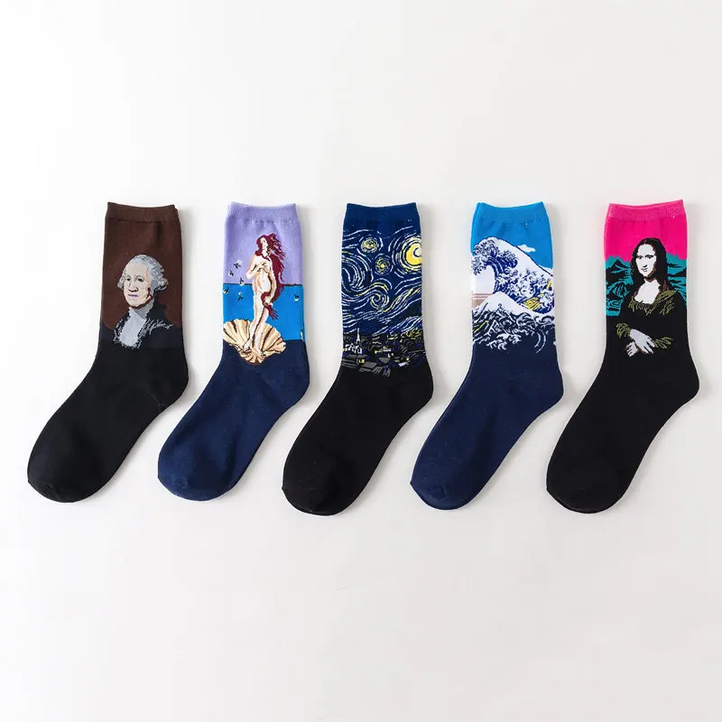 

Spring and summer cotton Christmas abstract painting the Mona Lisa vintage children over the age of 12 adult couple socks