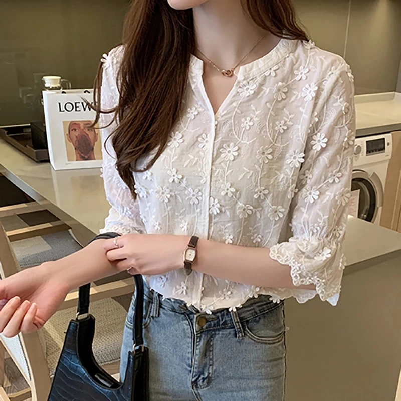 Vetement Femme Lace Blouse womens tops and blouses blusas mujer de moda 2018 Hollow Out Flowers Cotton Korean White Shirt 5XL | Женская