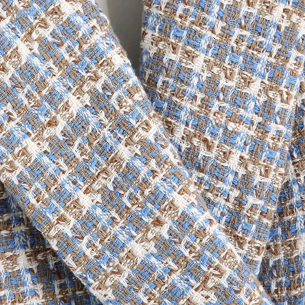 

BBWM ZA 2 Pieces Women Blazer+Skirt Set Vintage Plaid Printed Notched Jacket Coats+Skirt Long Sleeve Short Outerwear