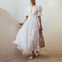 white summer vintage dress maxi korean elegant puff sleeve dresses women casual long summer dresses
