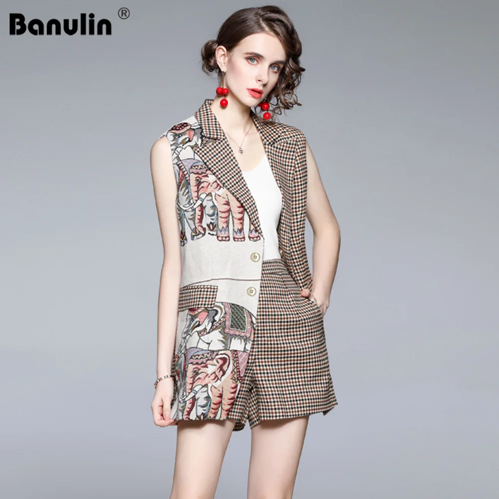 Женский модельный брючный костюм Однобортный блейзер без рукавов с цветочным