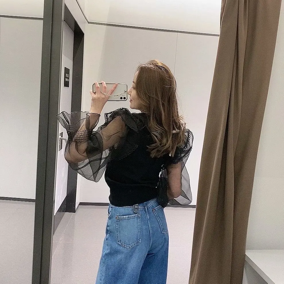 

ZA 2020 New Fashion Women Splicing Lace up shirt Turn-down Collar Blouses Long Sleeve Chiffon Shirt Ruffle Tops