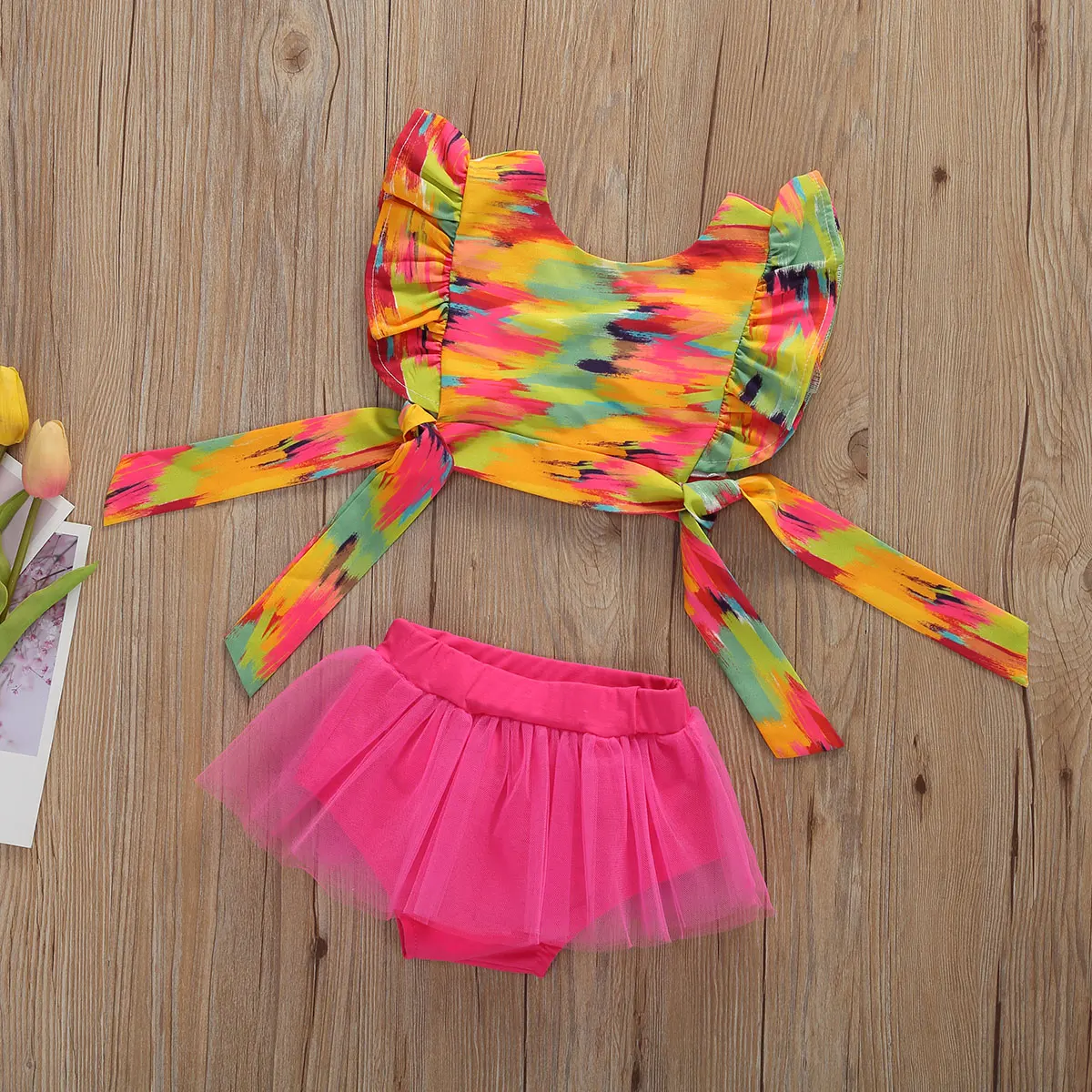 

2020 Summer Lovely Infant Baby Kids Girls Clothes Ruffles Short Sleeve Tie-Dye Print T Shirts Tops+Shorts 2Pcs/Set Outfits