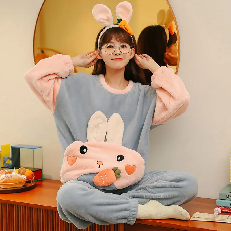 Autumn and Winter Coral Velvet Pajamas Women's Winter Thickened Warm Cartoon Home Clothes Long Sleeved Winter Flannel Outer Suit