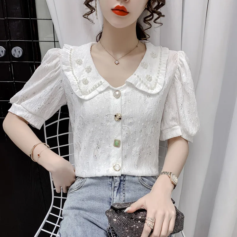 

CBAFU pearls korean blusas mujer beading peter pan collar vintage shorts puff sleeve summer blouses women tops kawaii retro N226