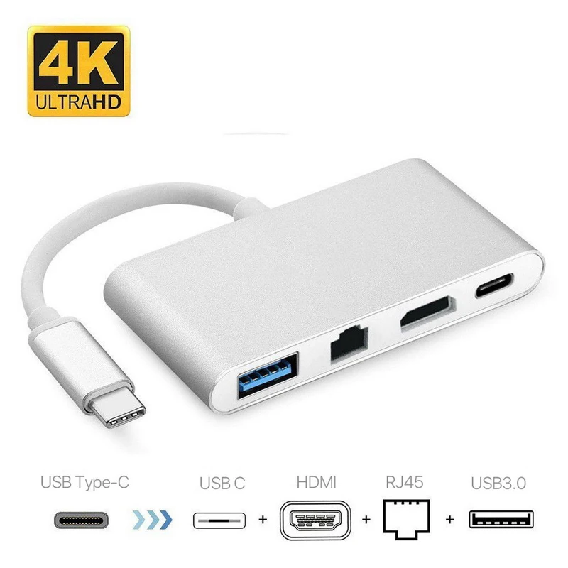 

Multilport 4 in 1 USB-C Hub Adapter USB 3.1 Type C to HDMI 4K+Gigabit Ethernet RJ45 +USB 3.0 4in1 Digital Video Cable Converter