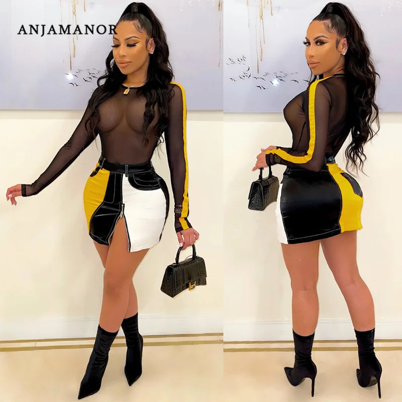 

ANJAMANOR Long Sleeve Bodycon Slit Dress Sexy Winter Club Outfits for Women Black Mesh See Through Mini Dresses D57-DC23