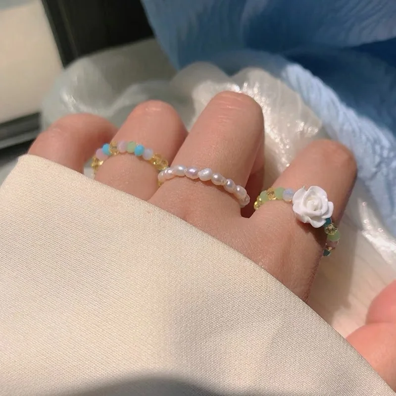 

Fashion Rainbow Transparent Bead Ring Trendy Bohemian Handmade Multi Color Flower Rice Beads For Women Girls Jewelry Gift Rings
