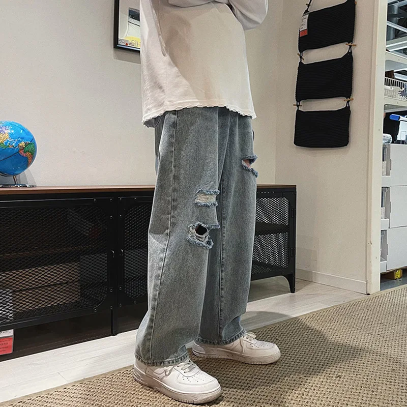 ICCLEK High Street Ripped Jeans Men's Loose Straight Leg 2021 New Pants Men Clothing  Jeans for Men  Baggy Jeans