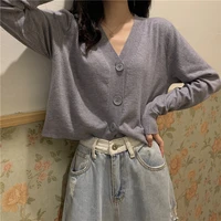 spring and autumn new fashion v neck sweater cardigan jacket womens long sleeved short thin sweater outer wear versatile top