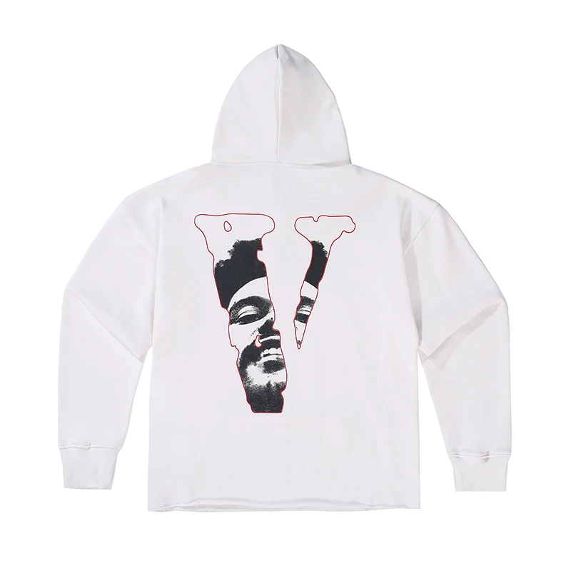 

Trendy Brand Vlone 20ss Portrait Printing Hoodie Knife Cut Torn Hem Loose Casual Hooded Sweater