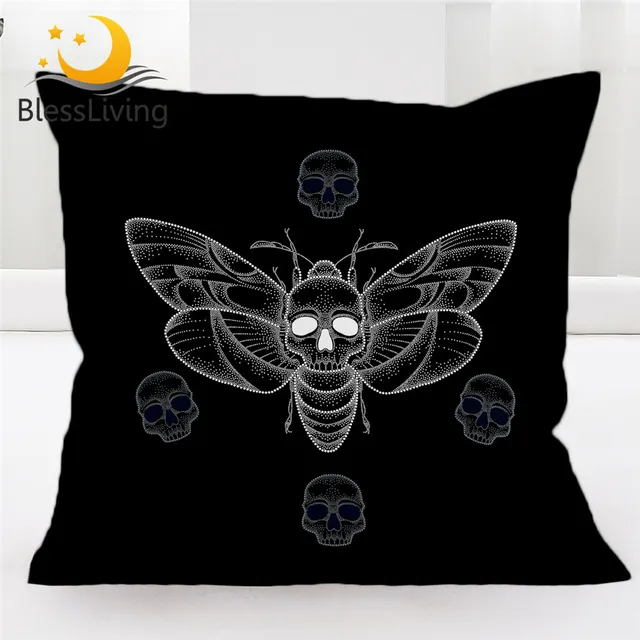 BlessLiving Moth Cushion Cover Skull Pillow Case Spot Decorative Throw Pillow Cover Black White Home Decor Gothic Kussenhoes 1pc 1