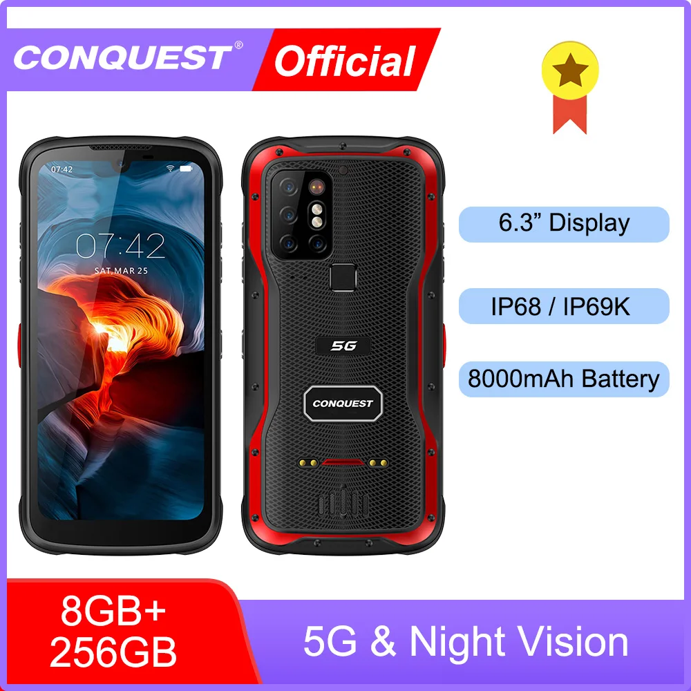 Перейти на Алиэкспресс и купить CONQUEST S20 5G Ночное видение смартфон IP68 Водонепроницаемый 48MP четыре Камера 8 Гб Оперативная память 256 ГБ Встроенная память 6,3 дюймов глобальная ...