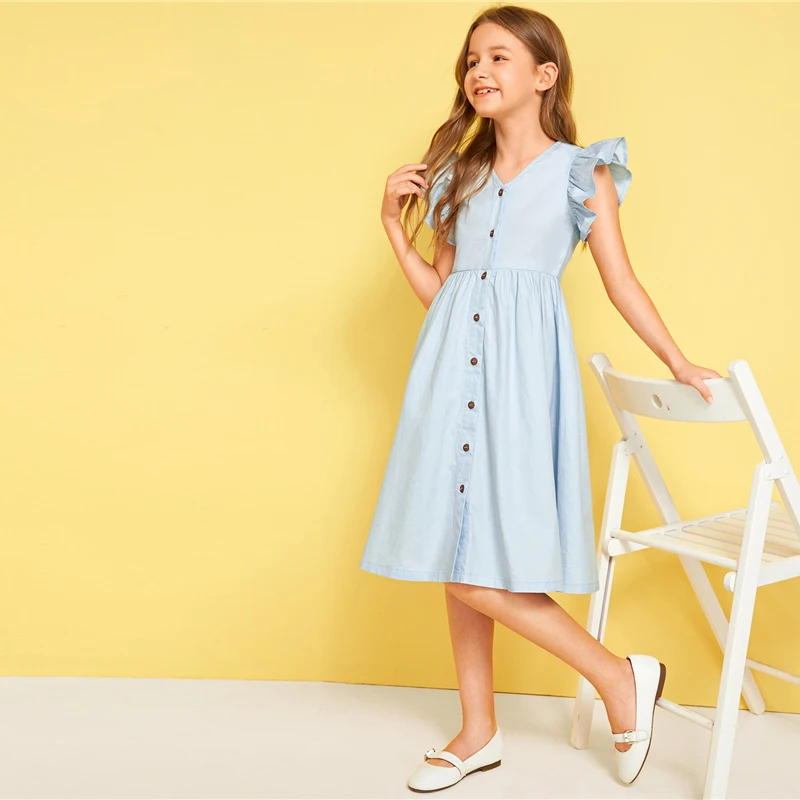 SHEIN/милое однотонное платье с v-образным вырезом и рюшами на пуговицах спереди для девочек-подростков; коллекция года; летние платья до колена с рукавами-крылышками