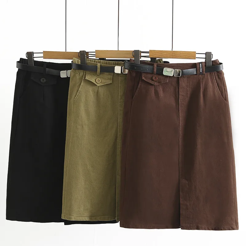 

Plus Size Skirt For Women 4XL Workplace Base Skirt With Belted Straight Type And Calf Skirt Large Size For FatWomen's In Autumn