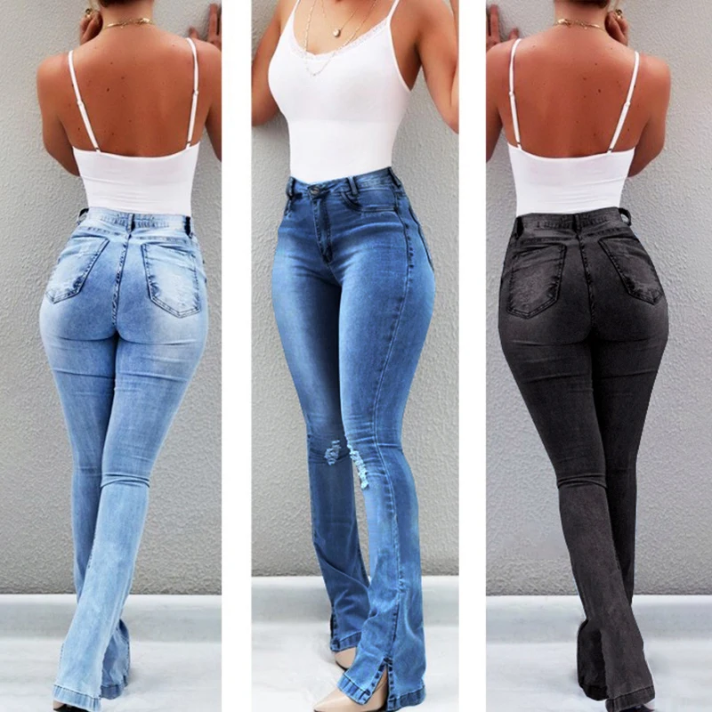 

Летние пикантные Узкие рваные женские брюки-клеш с высокой талией в стиле ретро джинсы из потертого материала тонкие джинсовые брюки