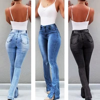 summer sexy slim high waist ripped ladies retro flared pants distressed jeans thin denim trousers