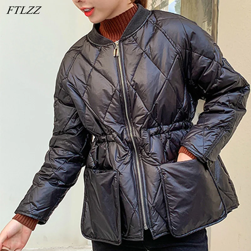 

FTLZZ New Winter Women Parka O-neck Zipper Short White Duck Down Coat Casual Female Pocket Black Warm Snow Jacket Outwear